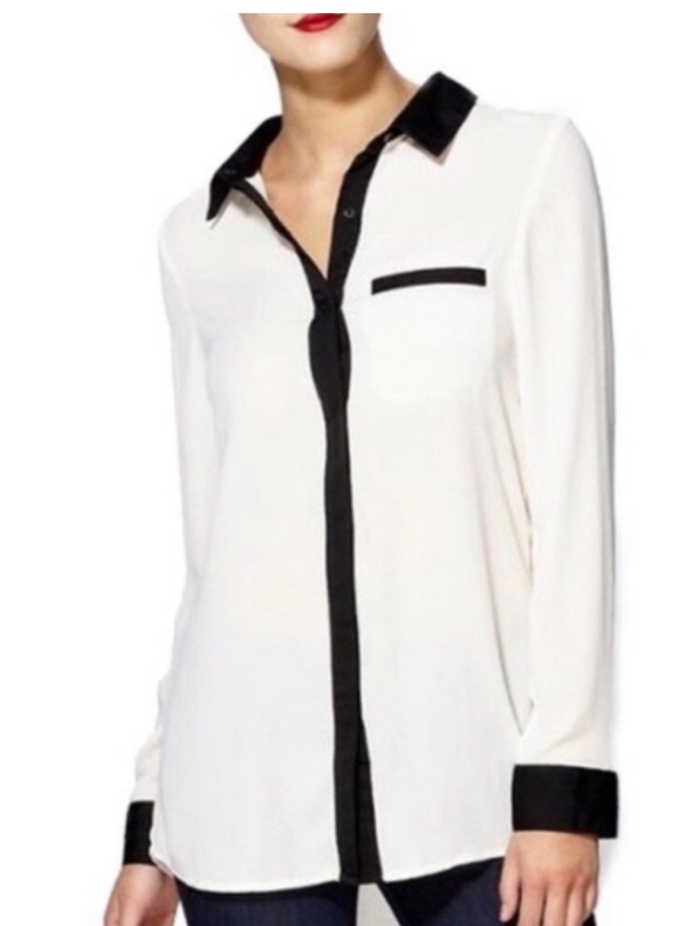 FREE PEOPLE Contrast-Trim White Button-Down Tuxedo Blouse - capsule wardrobe
